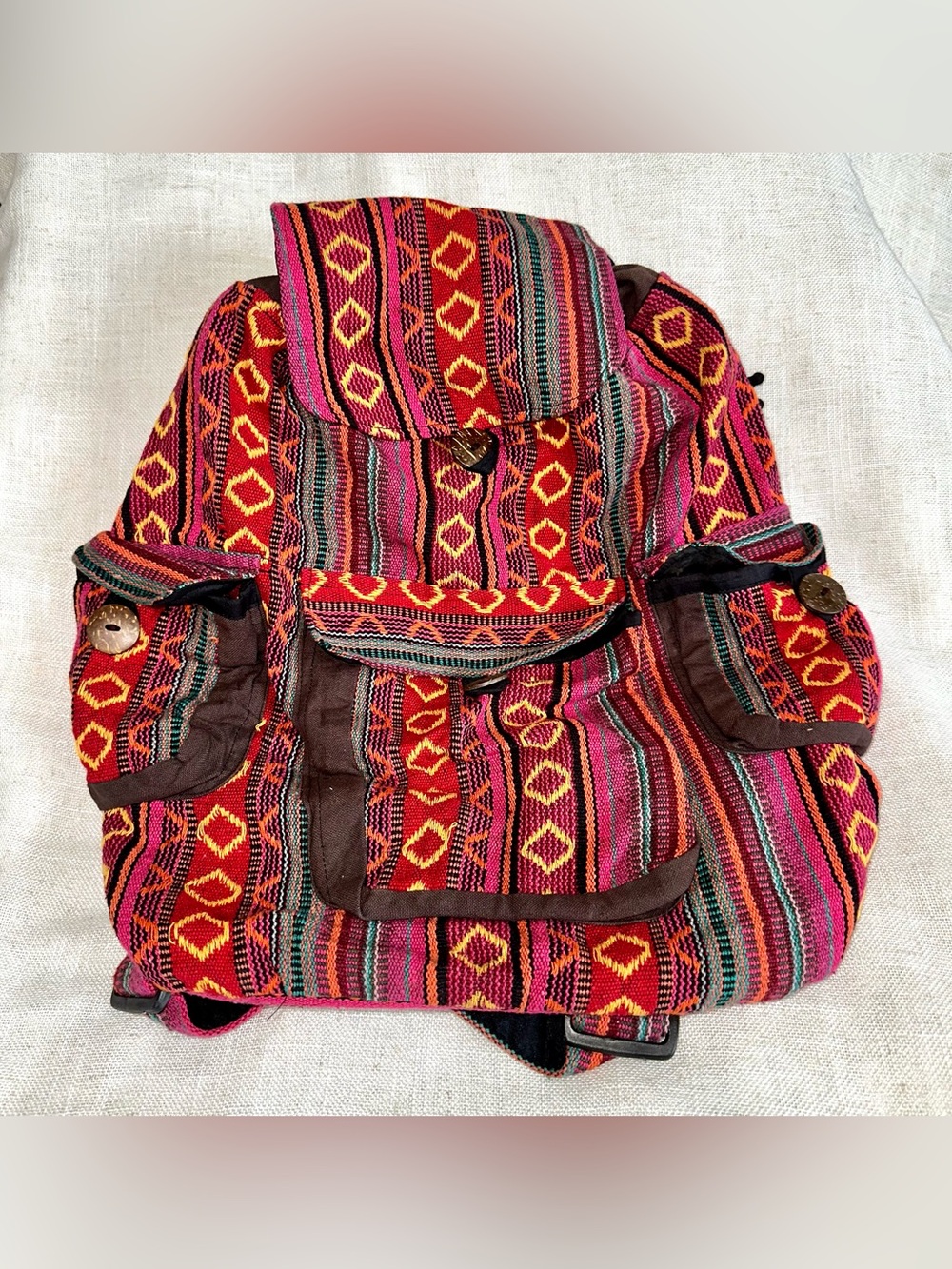 Vintage Boho Woven Cotton Festival Backpack Nepalese Hippie Rucksack Bag
